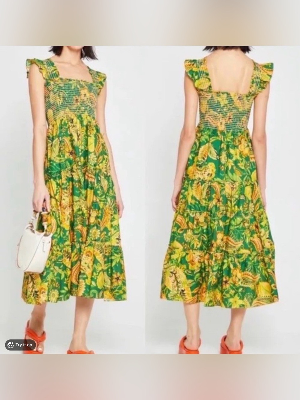 Green and Yellow Floral Smocked Midi Dress with Ruffle Sleeves